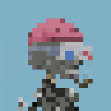 A pixel art illustration of a pink and gray robot-like character with a blue visor against a light blue background, representing the on-chain pixel artwork from the Argonauts collection that the post discusses as a cost-efficient artistic choice for blockchain storage.