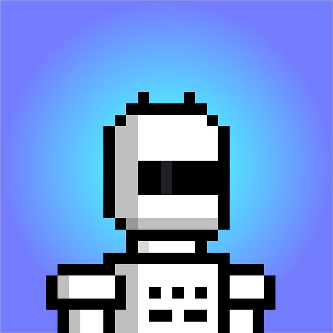A pixel art illustration of a white, blocky robot character with a black visor set against a blue and purple gradient background.
