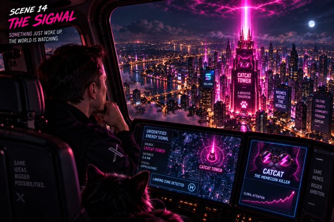 A cyberpunk-style digital artwork titled 'SCENE 14 THE SIGNAL' depicting a person and cat looking out at a futuristic neon-lit cityscape featuring a 'CATCAT TOWER' with various digital displays.