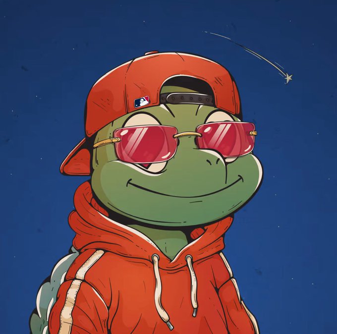A digital illustration of a smiling anthropomorphic green turtle wearing a red backwards baseball cap, pink sunglasses, and a red hoodie against a dark blue background.