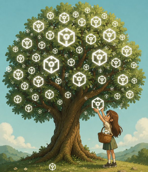 An illustration of a young girl with a basket collecting glowing cube-shaped icons from a large tree, symbolizing crypto or digital asset harvesting.