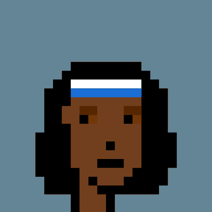 Pixel art portrait of a person with dark skin and an afro hairstyle wearing a white and blue headband against a light blue background.