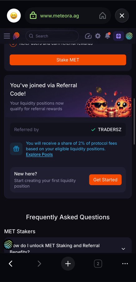 Screenshot of www.meteora.ag referral page confirming the user has joined via referral code TRADERSZ, entitling them to 2% of protocol fees based on eligible liquidity positions—unrelated to the streamflow.finance Solana contract link shared in the post.