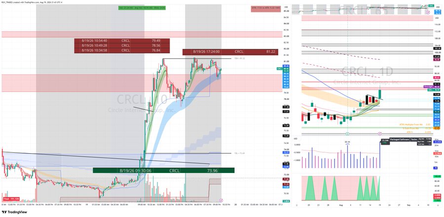 TradingView stock chart showing CRCL (Circle Internet Group) on August 19, 2026, with price levels marked at 73.96, 78.49, 78.56, 78.84, and 81.22.