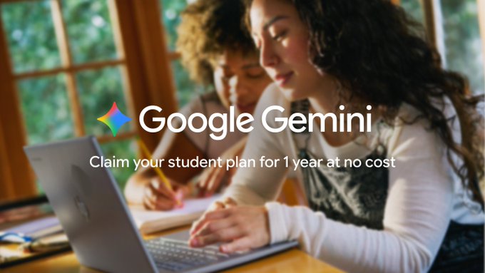 The image shows two students collaborating at a laptop in a sunlit room, overlaid with "Google Gemini" branding and the text "Claim your student plan for 1 year at no cost." This visual supports the post's back-to-school message by illustrating Gemini's student offer designed to help college students get more from AI tools during the academic year.