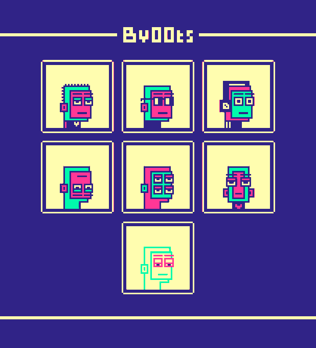A pixel art image titled 'By00ts' featuring six portraits and one additional smaller portrait of stylized faces arranged in a grid on a dark blue background.