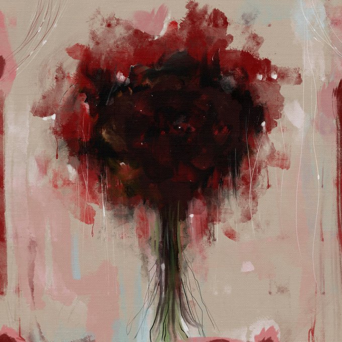 An abstract expressionist painting of a dark, tree-like or floral form in deep reds and blacks, with paint drips extending downward against a muted pink and beige background.