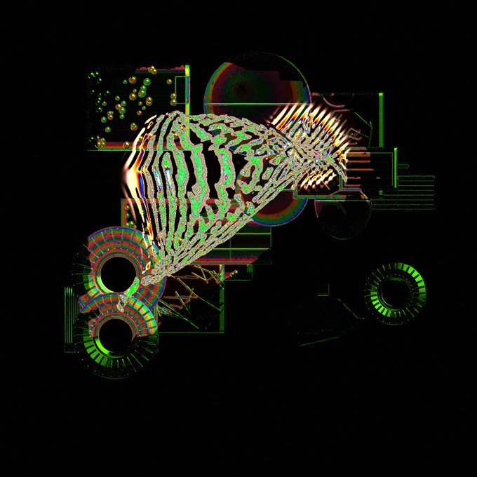 A glitchy, abstract digital artwork featuring iridescent, skeletal shapes and geometric patterns in green, pink, and silver against a black background.