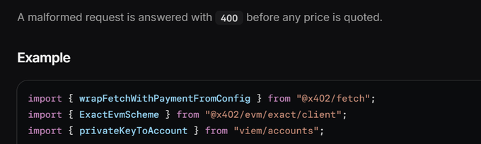 A code snippet screenshot shows documentation text reading 'A malformed request is answered with 400 before any price is quoted' above an Example section with imports including 'wrapFetchWithPaymentFromConfig' from '@x402/fetch'.