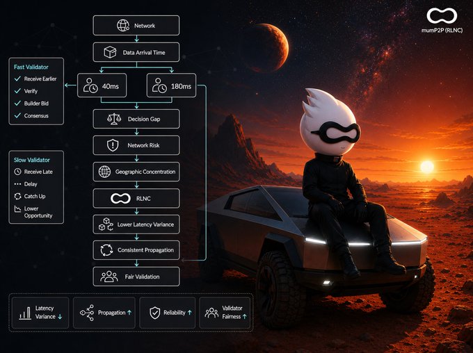 A promotional graphic for mumP2P (RLNC) showing a flowchart of network validator logic (Network, Data Arrival Time, Decision Gap, Geographic Concentration, RLNC) alongside a masked figure sitting on a Tesla Cybertruck on Mars.