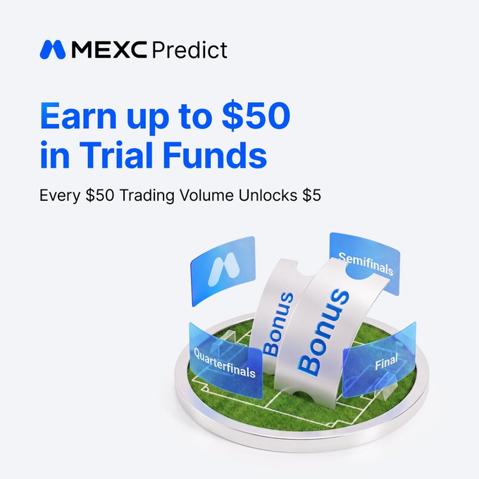 Earn up to $50 in Trial Funds on MEXC Predict with every $50 trading volume unlocked! The image visually represents this promotion with tickets labeled "Bonus," "Quarterfinals," "Semifinals," and "Final" floating above a soccer field.