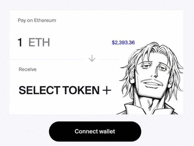 A mocked-up swap interface for Ethereum with an ETH-to-token exchange showing 1 ETH at $2,393.36, accompanied by a "Connect wallet" button and a stylized maneki/neko line-art character, promoting the 1inch swap tool referenced in the caption.