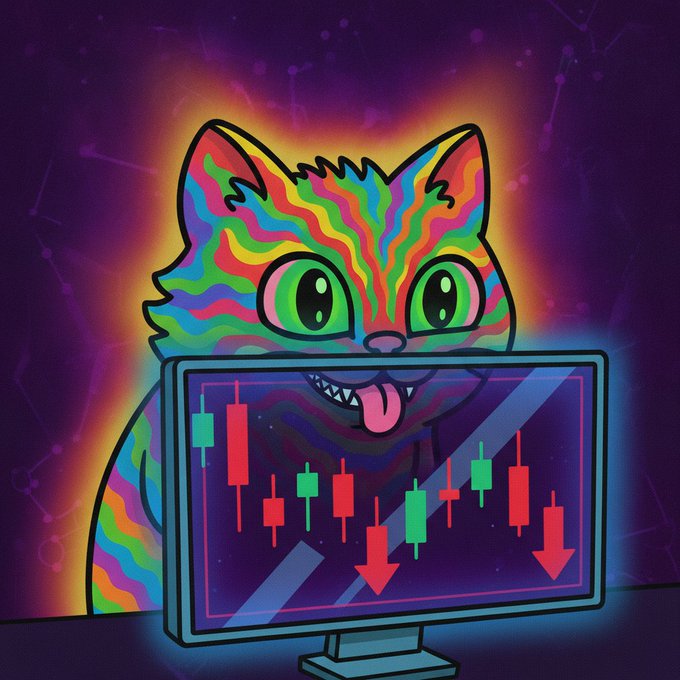 A colorful psychedelic illustration of a rainbow-striped cat with its tongue out, looking at a monitor displaying a bearish red-and-green candlestick chart with downward arrows.