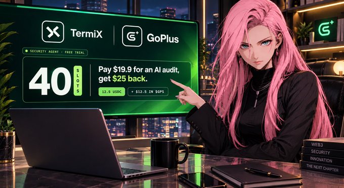A pink-haired woman points at a screen displaying the Termix and GoPlus logos, advertising a 40-slot security agent audit for $19.9 (rebated to $12.5 USDC, with $12.5 in GPS rebate), illustrating the post's announcement that GoPlusSecurity is now hireable as an agent through Termix's platform.