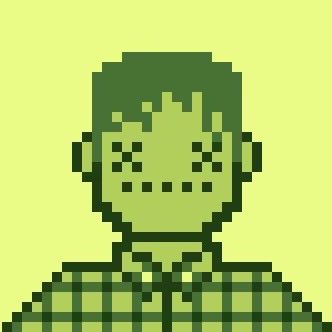 A pixel art illustration of a figure with green hair on a light green background.