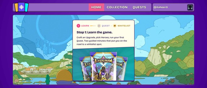 A website screenshot shows the Everdraw homepage with a "Step 1: Learn the game" quest pop-up guiding users to craft an Upgrade, pick Heroes, and complete a Quest to earn a whitelist spot, displayed alongside promotional codes for early alpha access.