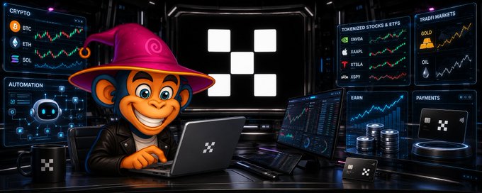 A promotional image of a monkey mascot wearing a wizard hat working at a laptop, surrounded by screens showing crypto tickers (BTC, ETH, SOL), stocks (NVDA, XAPL, XTL), and trading markets.