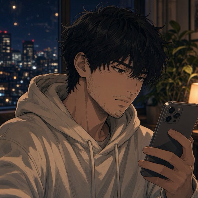 An anime-style illustration of a dark-haired, stubbled man in a beige hoodie looking down at a smartphone, set against a backdrop of a city skyline at night.