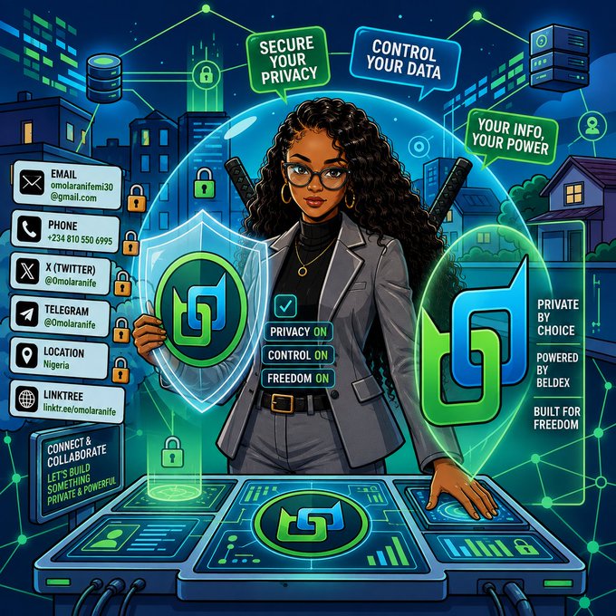 The image depicts an illustration of a woman with curly hair and glasses, dressed in a blazer, standing behind a digital interface with security-themed icons like shields and locks. Surrounding her are text elements promoting privacy and data control, including phrases like "SECURE YOUR PRIVACY," "CONTROL YOUR DATA," "PRIVACY ON," "CONTROL ON," "FREEDOM ON," and contact information for "EMAIL omolaranifemi30@gmail.com," "PHONE +234 810 550 6995," "X (TWITTER) @Omolaranife," "TELEGRAM @Omolaranife," "LOCATION Nigeria," and "LINKTREE linktr.ee/omolaranife." Additional tags read "YOUR INFO YOUR POWER," "PRIVATE BY CHOICE POWERED BY BELDEX BUILT FOR FREEDOM," and "CONNECT & COLLABORATE LET'S BUILD SOMETHING PRIVATE & POWERFUL."

The image visually reinforces