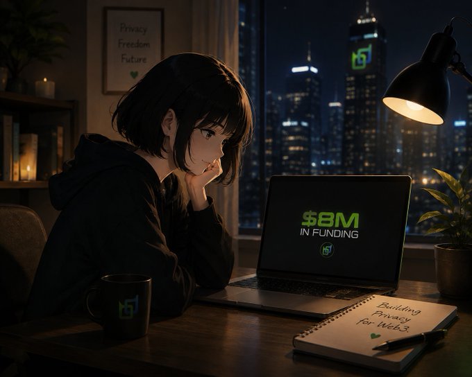 An anime-style illustration of a young woman with dark hair sitting at a desk at night, working on a laptop displaying '$8M IN FUNDING' with a city skyline visible through the window behind her.