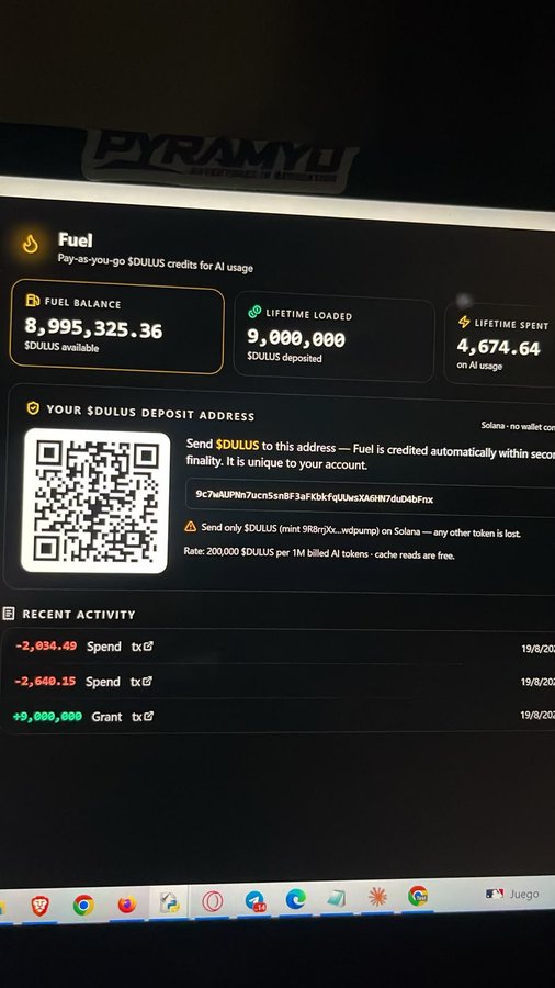 The image shows a Pyrra AI "Fuel" dashboard displaying a Fuel Balance of 8,995,325.36 $DULUS, with 9,000,000 lifetime loaded and 4,674.64 spent on AI usage, along with a Solana deposit address, QR code, and recent transaction activity showing a +9,000,000 grant and two spend transactions around 19/8/2024. This visually supports the post's point about $DULUS functioning as AI usage credits ("fuel economy"), demonstrating how tokens are loaded, spent, and tracked in a pay-as-you-go AI consumption model.