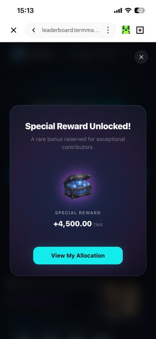 A mobile screenshot showing a 'Special Reward Unlocked!' popup with +4,500.00 TMX tokens and a 'View My Allocation' button.