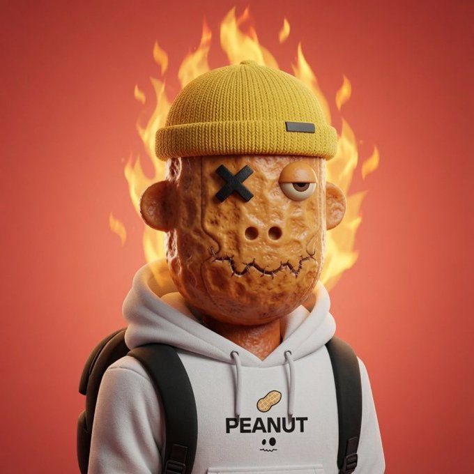 The image depicts a stylized character with a peanut for a head, wearing a yellow beanie, white hoodie displaying the word "PEANUT," and a backpack, all set against a fiery red backdrop. It symbolizes the fiery intensity and high-stakes nature of the crypto market, urging viewers to make wise, decisive choices during bullish sentiment.