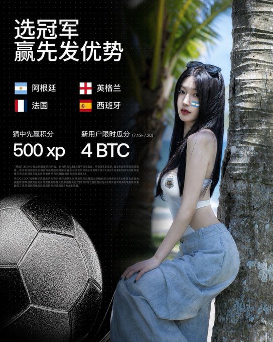 The image shows a promotional advertisement by OKX featuring a young woman in a white crop top and denim skirt leaning against a palm tree, with a soccer ball in the foreground and text promoting a "Guess the World Cup Winner" game offering rewards of "500 xp" for guessing first goalscorers and "4 BTC" for new users, with the four remaining semifinalist teams listed: Argentina, England, France, and Spain.