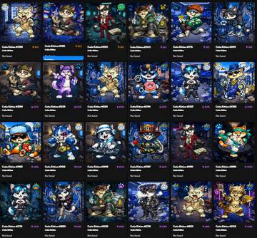A grid of NFT artwork featuring cartoon cats and other stylized characters, with one item highlighted in blue and various usernames and prices listed below each piece.