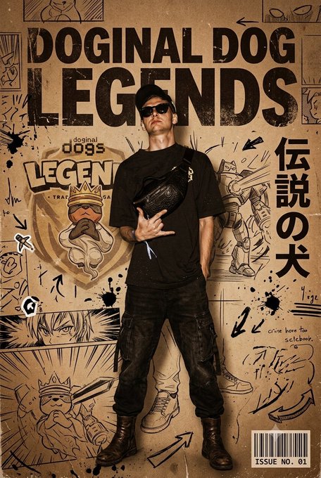 A poster titled 'DOGINAL DOG LEGENDS' featuring a person in black attire holding a fanny pack, set against a kraft-paper background with manga-style illustrations and Japanese text reading '伝説の犬' (Legendary Dog), marked as Issue No. 01.