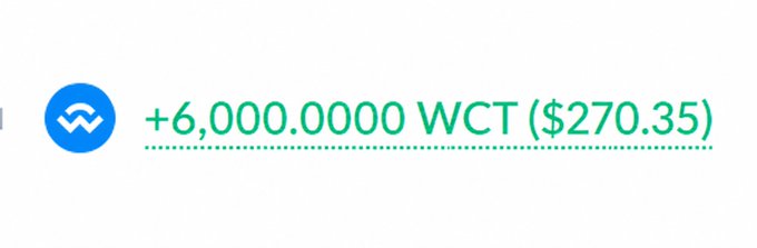 A wallet interface showing a transaction receipt of +6,000.0000 WCT tokens valued at $270.35 with a Wavect logo icon.