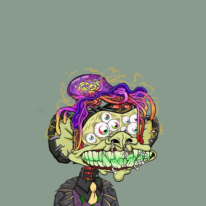 A grotesque cartoon illustration of a green zombie-like head with multiple eyes, stitched together with metal staples, wearing a suit, with a purple octopus on top of its exposed brain.