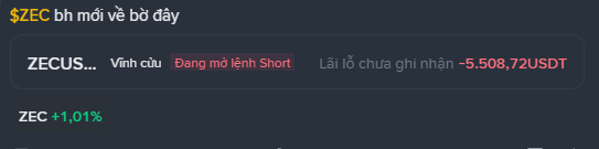 A financial notification showing $ZEC (Zcash/ZECUS) opening in red with text "Vĩnh cầu", "Đang mở lệnh Short" (Opening Short position), recording a loss of -5,508.72 USDT with ZEC at +1.01%.