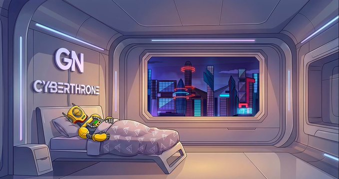An illustrated cartoon scene of a yellow robot character sleeping in a futuristic bedroom labeled 'GN CYBERTHRONE' with a cyberpunk cityscape visible through the window.