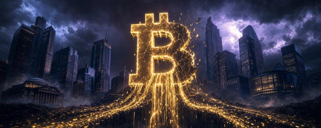 The image features a large, golden Bitcoin symbol that appears to be melting or dripping down from the top left corner of the frame towards the bottom right corner. The background shows a cityscape with tall buildings, suggesting an urban setting. The caption at the bottom reads "Focus on what is in the image and how it relates to the post".