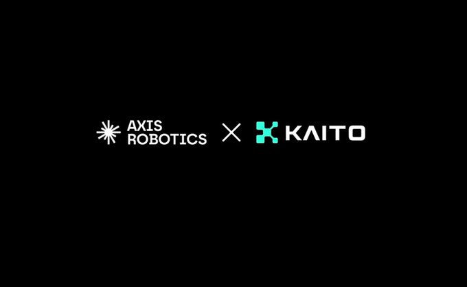 A black screen showing a partnership announcement with the logos for 'AXIS ROBOTICS' and 'KAITO' separated by an 'X'.