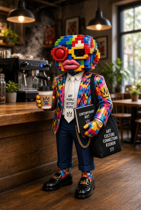 A 3D-style render of a humanoid figure with a head made of colorful Lego-like blocks, wearing a suit and holding a coffee cup and a book titled 'CONTEMPORARY ART'.