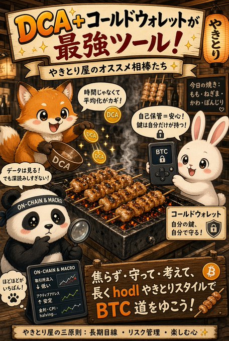 A Japanese-language promotional illustration featuring a fox, rabbit, and panda mascot characters around a yakitori grill, advertising DCA and cold wallets for Bitcoin.