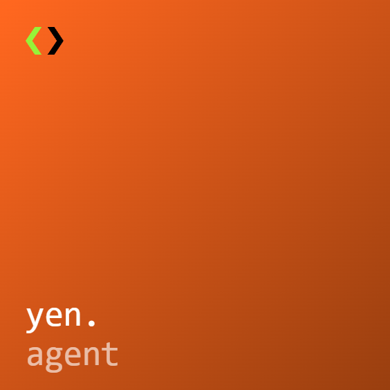 A minimalist orange background with a small logo consisting of a green and black '><' symbol in the top left corner, and the text 'yen. agent' in the bottom left.