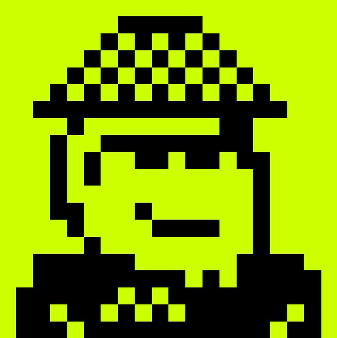 A pixel-art portrait of a person wearing a checkered cap, rendered in black and bright yellow-green.