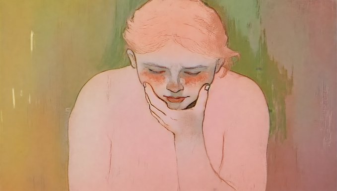 A pastel-toned drawing of a nude figure with reddish hair resting their chin on their hand, eyes closed. The contemplative pose aligns with the title "The Observer," suggesting quiet introspection that complements the simple "Gm Gm" morning greeting.