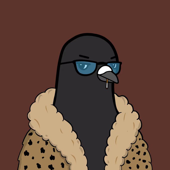 A cartoon illustration of a black penguin wearing blue sunglasses and a leopard-print fur coat, holding a cigarette in its beak against a brown background.