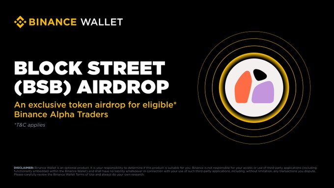 Binance Wallet announces an exclusive Block Street (BSB) token airdrop for eligible Binance Alpha Traders, as detailed in the accompanying post about the third wave of rewards requiring at least 246 Alpha Points to claim 342 BSB tokens.