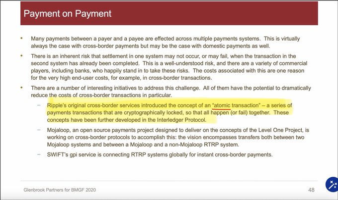The image shows a slide from a presentation with text about payment systems, specifically focusing on Ripple's atomic transaction concept. The slide has a red background and white text that explains the idea of atomic transactions and how they are used for cross-border payments.