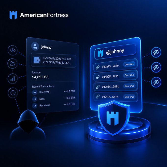 A promotional graphic for AmericanFortress features an anonymous hooded figure alongside a crypto wallet interface for 'johnny' showing a balance of $4,892.63 and multiple one-time access keys.