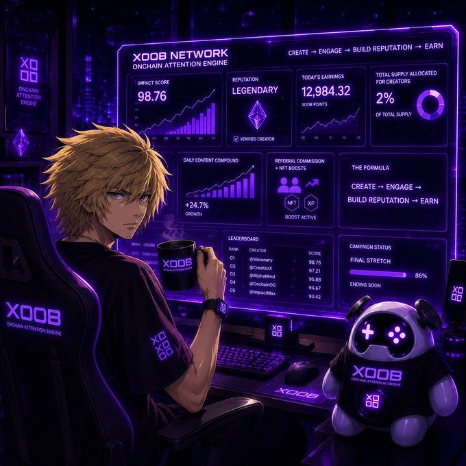 The image features a man sitting at a desk, holding a cup of coffee while looking at his computer screen. The background shows a purple glow from neon lights, giving the scene an immersive atmosphere. There are two other objects in the image - a panda bear and a chair with a "XOOB" sticker on it.

The post is about the GM XOOB CT network campaign that has been running for only a few days. It emphasizes the importance of creating, engaging, building reputation, and earning daily consistency to achieve success in the campaign. The image also includes a graphic design element related to the "XOOB" network.