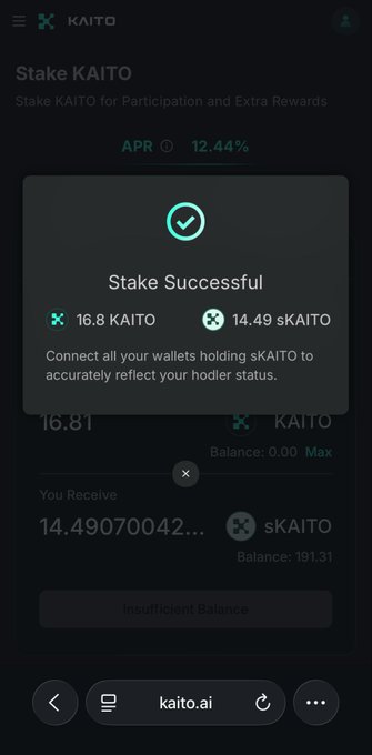 A mobile screenshot of a KAITO staking interface showing a 'Stake Successful' confirmation with 16.8 KAITO staked yielding 14.49 sKAITO, along with text 'Stake KAITO for Participation and Extra Rewards' and an APR of 12.44%.