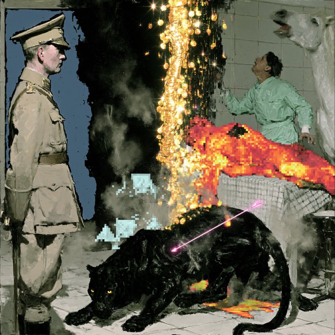 The image features a black panting cat, possibly a tiger or a lion, standing next to a man dressed in military uniform who appears to be a soldier. The cat has its eyes closed as if it's about to fall asleep. In front of them is an orange object that seems to be burning and emitting smoke. The background shows the image of a person wearing a green shirt with their head tilted upwards, possibly observing something or someone in the room. The post on social media reads: "Thank you @dreadnaughtus for collecting from the XXVI collection on Tezos just fix it 1/1 objkt.com/collections/KT".