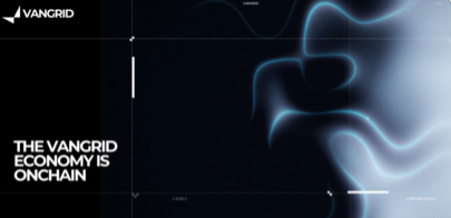 A dark digital graphic with the VanGrid logo and the text "THE VANGRID ECONOMY IS ONCHAIN" alongside abstract flowing blue wave patterns.