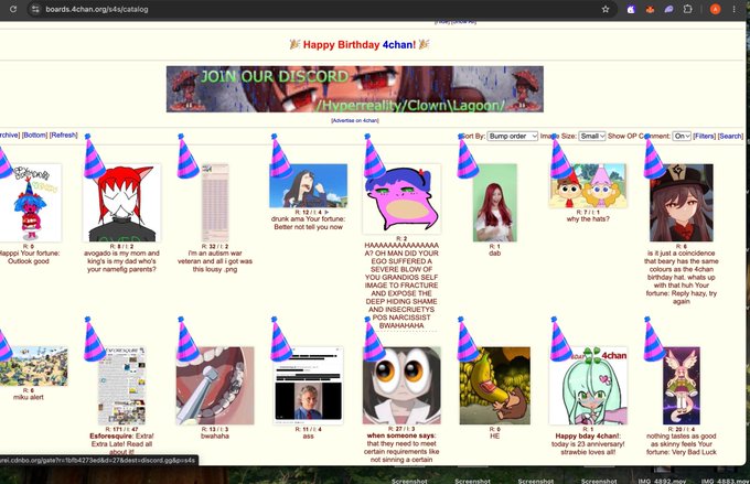 A screenshot of 4chan's /s4s/ catalog page displays a "Happy Birthday 4chan!" banner with numerous user posts featuring party hats on various images and characters, commemorating the site's anniversary and its first-ever cult (hat) redesign.
